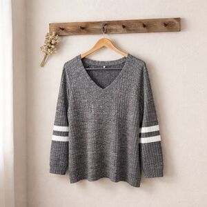 Women’s V-Neck Long Sleeve Sweater with White Stripes Gray Size L